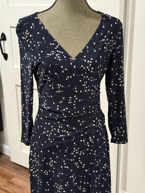 Evan Picone Navy V-Neck Printed Wrap-Style Long Sleeve Dress